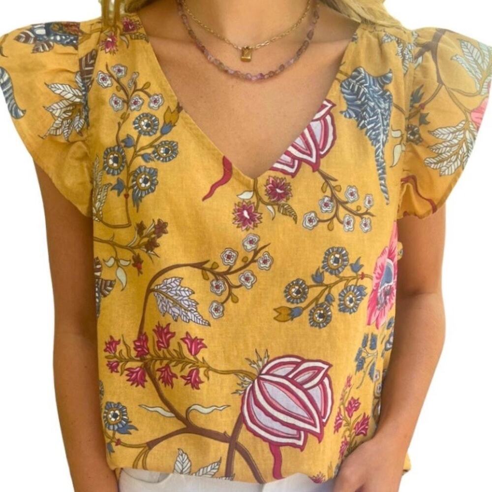 Dylan Claire V Neck Floral Linen Blend Top Size XL